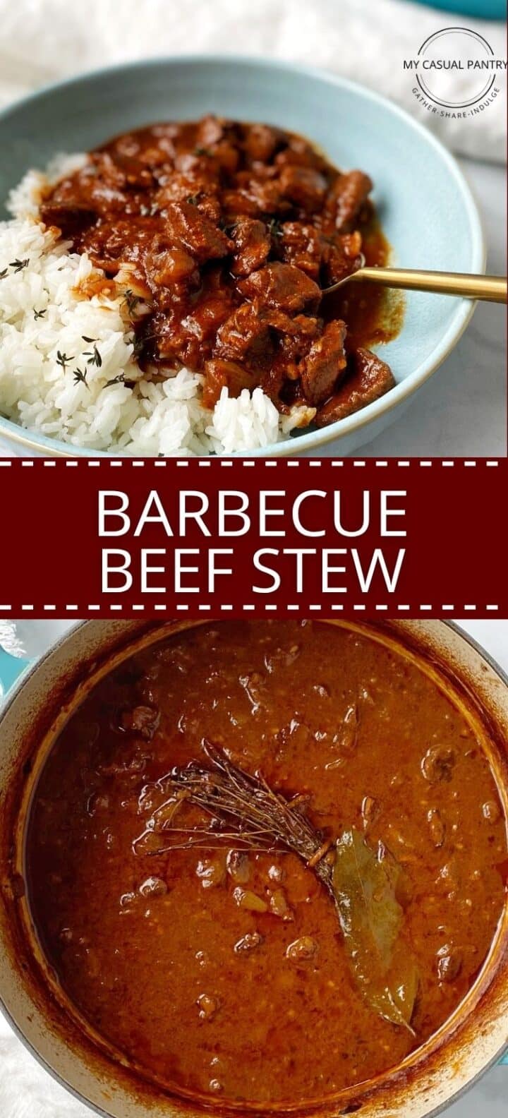 A bowl of beef stew and rice and a Dutch oven of beef stew.