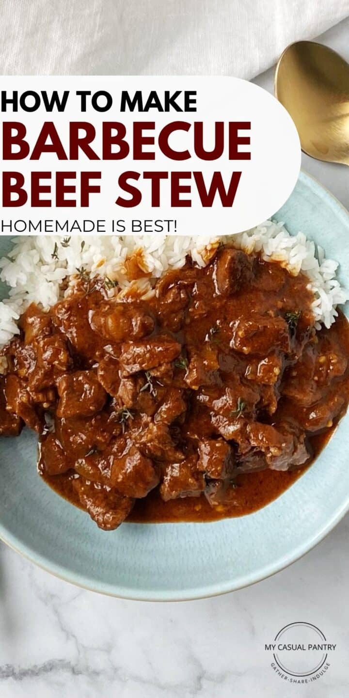 A serving bowl of beef stew and rice.