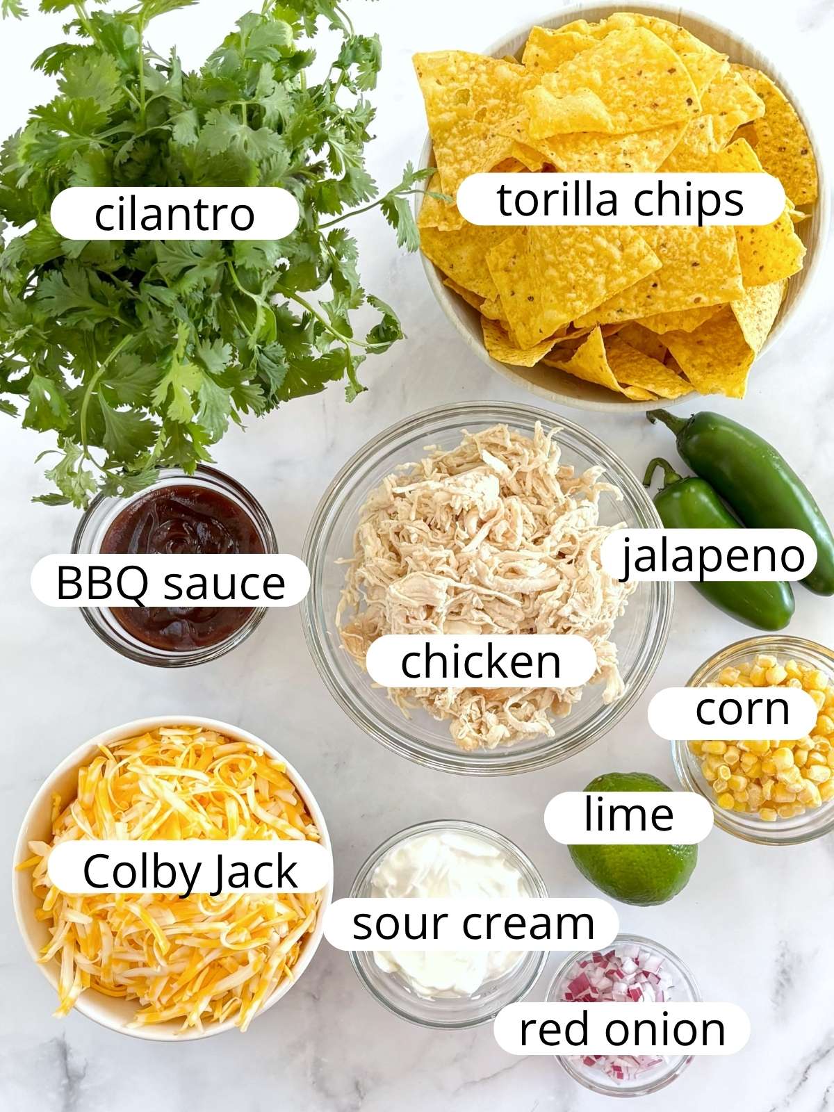 Ingredients for BBQ chicken nachos.