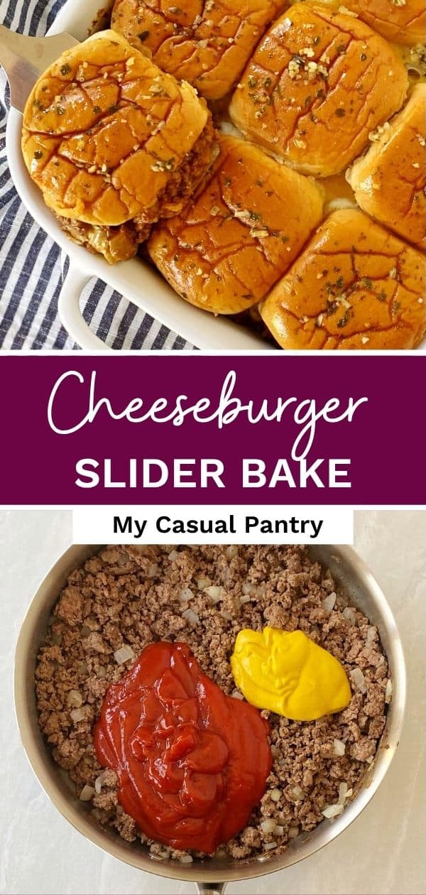 Serving cheeseburger sliders from the baking dish and a skillet with beef, ketchup, and mustard.