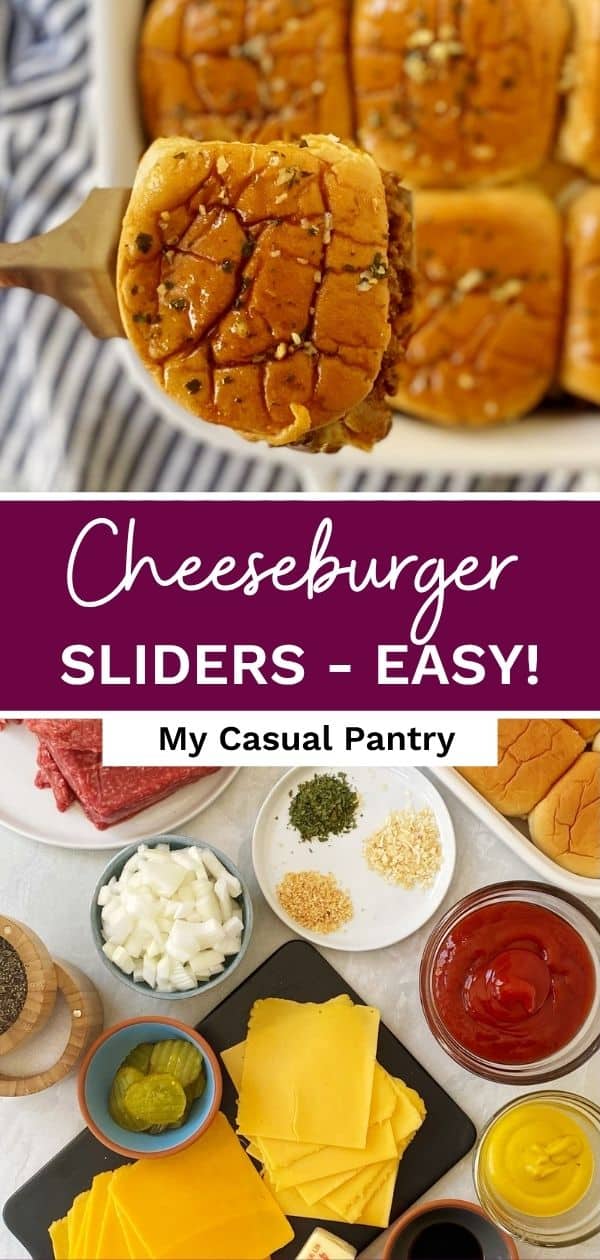 Cheeseburger slider and an array of slider ingredients.