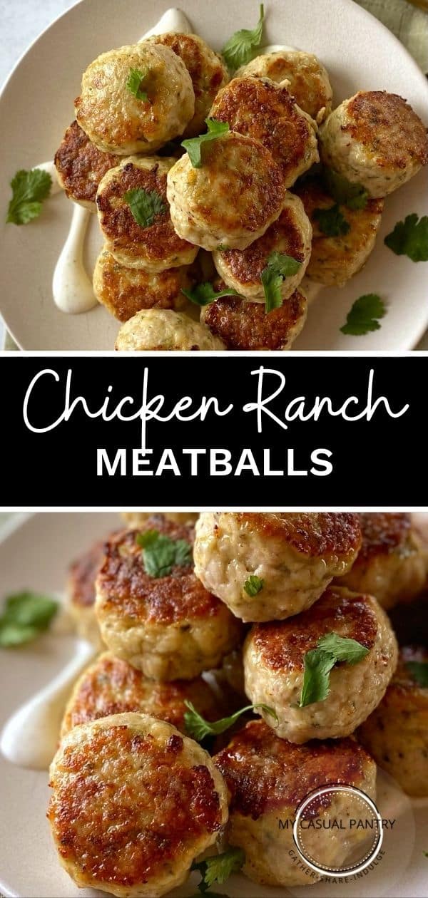 Ranch chicken meatballs on a plate with a drizzle of ranch dressing.