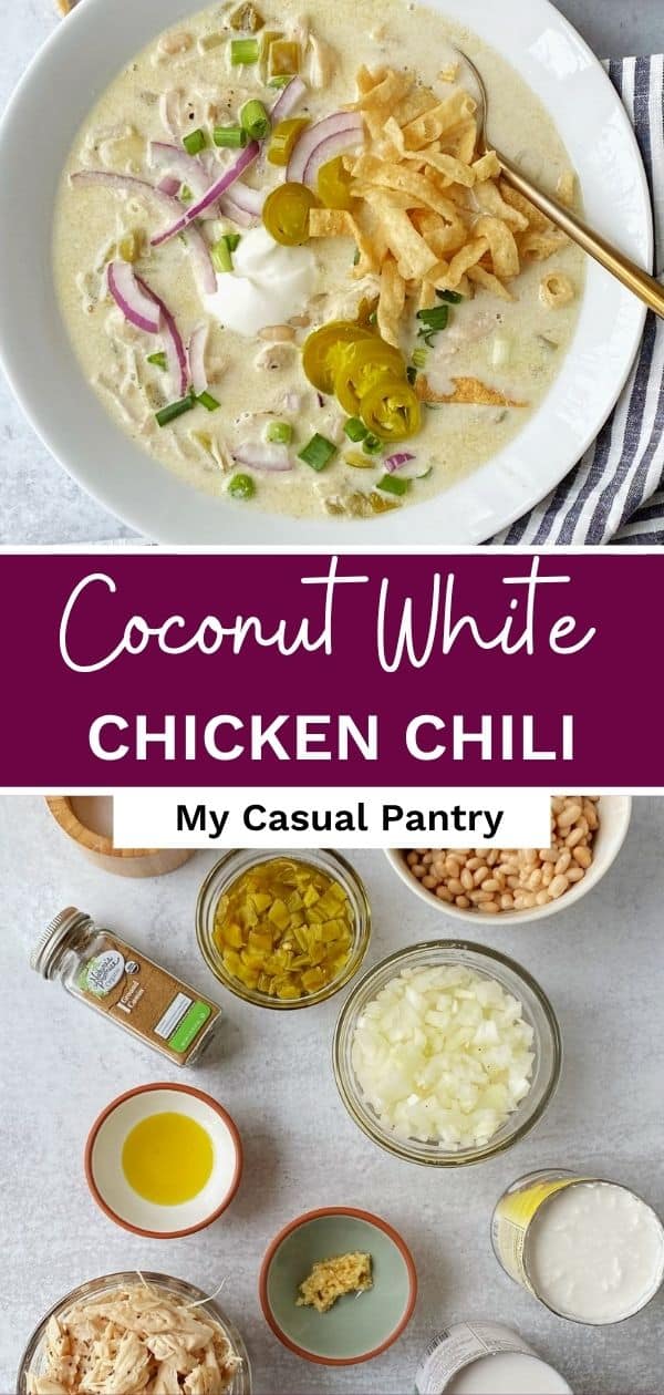 A bowl of chicken chili and an array of ingredients in chicken chili.