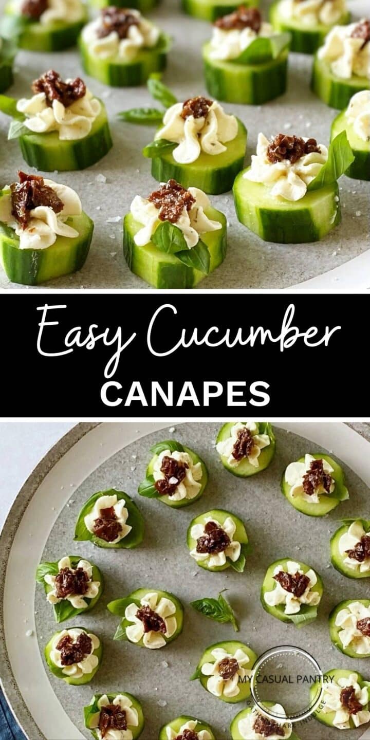 Cucumber canapes on a serving platter.