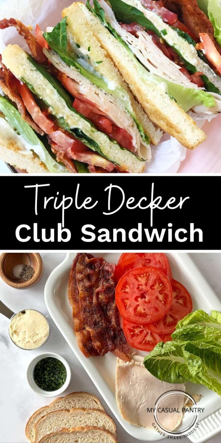 Triple decker sandwich sliced in half and an array of sandwich ingredients.