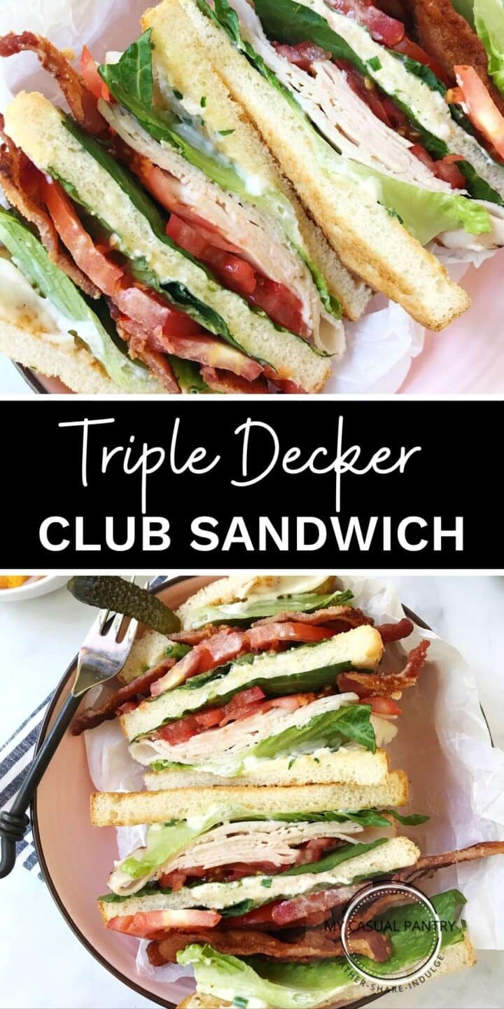 Triple decker turkey club sandwich cut in half on a serving plate.