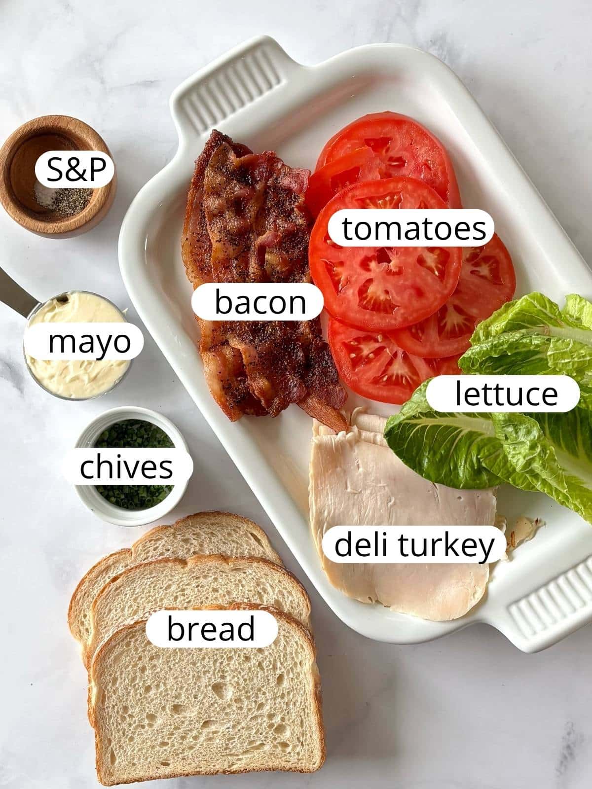 Ingredients for a triple decker turkey sandwich.