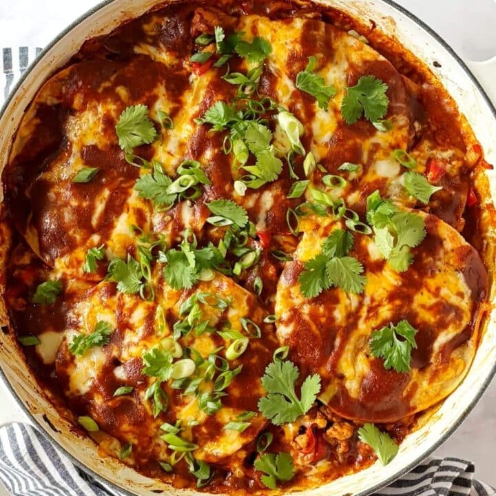 Turkey enchiladas with garnishes in a skillet.