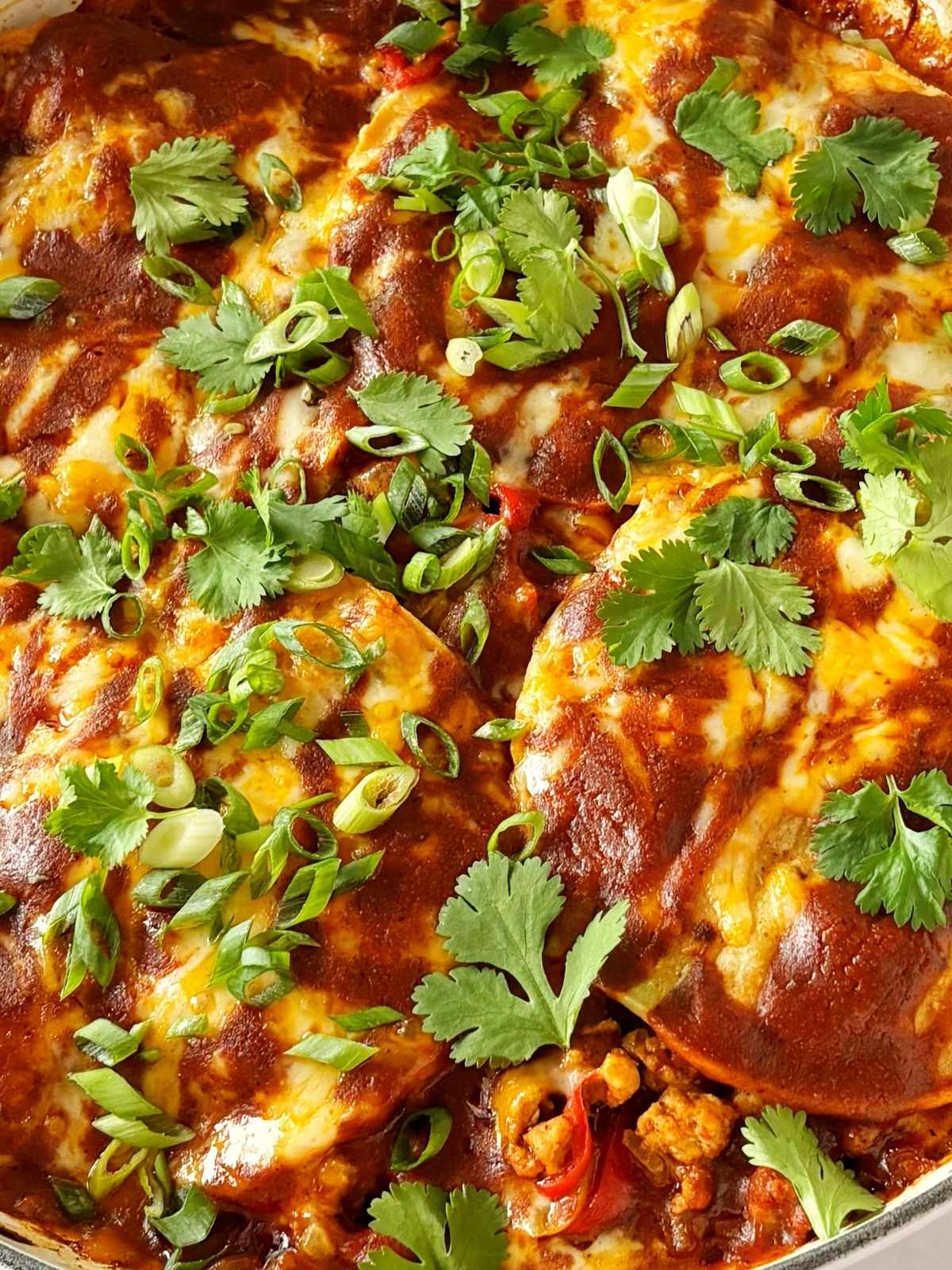 Baked enchilada skillet with melted cheese, scallions, and cilantro.