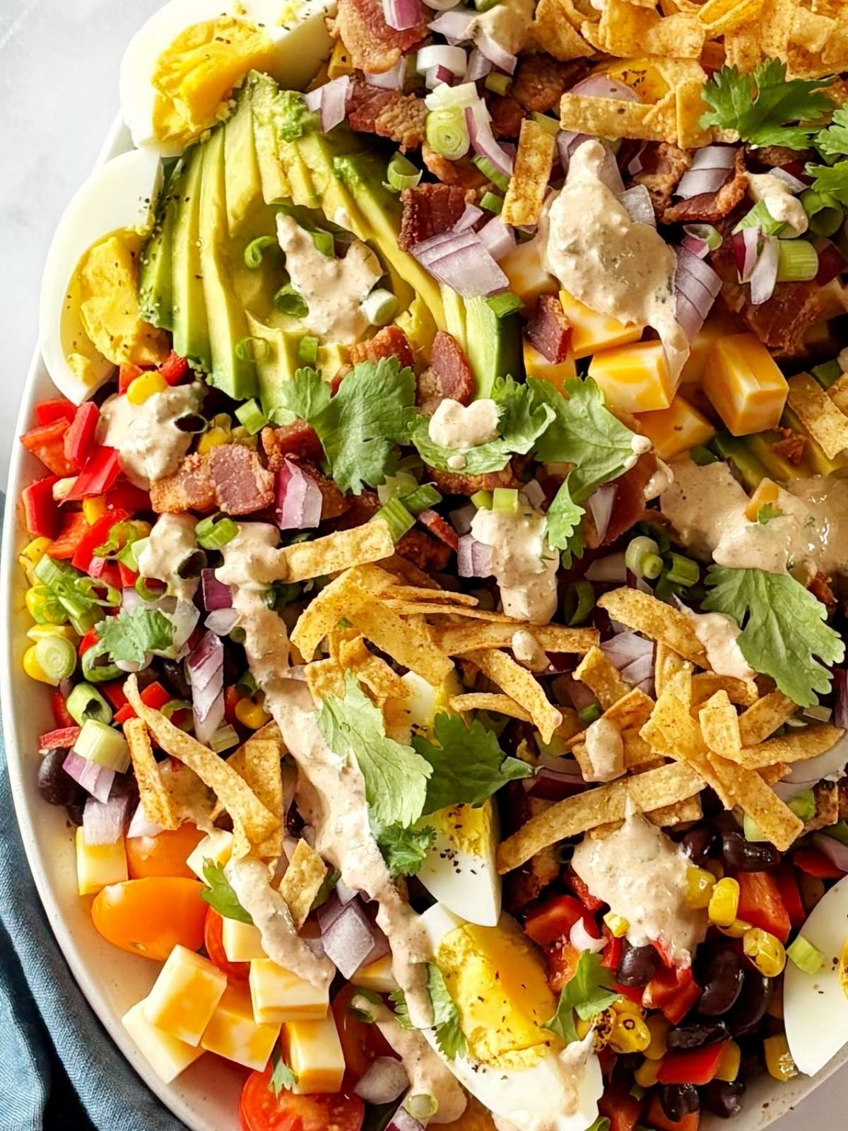 Salad ingredients arranged on a serving platter with dressing, cilantro, and tortilla strips.