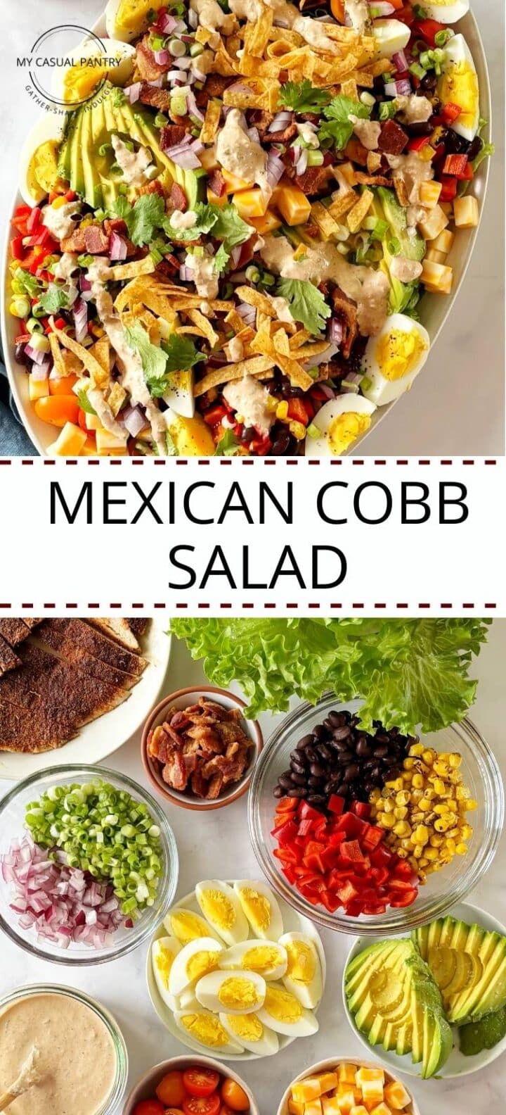 A platter of Cobb salad and an array of Cobb salad ingredients.