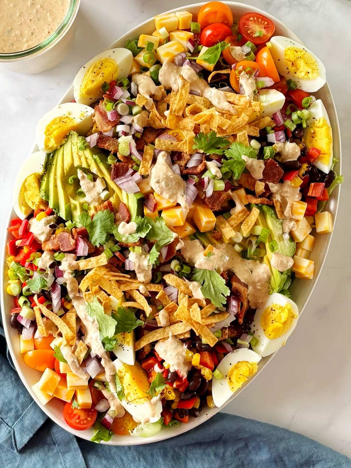 A platter of salad garnished with tortilla strips, cilantro, and salsa dressing.