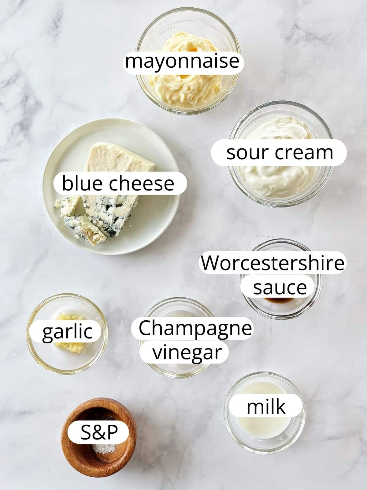 Ingredients for blue cheese dressing.