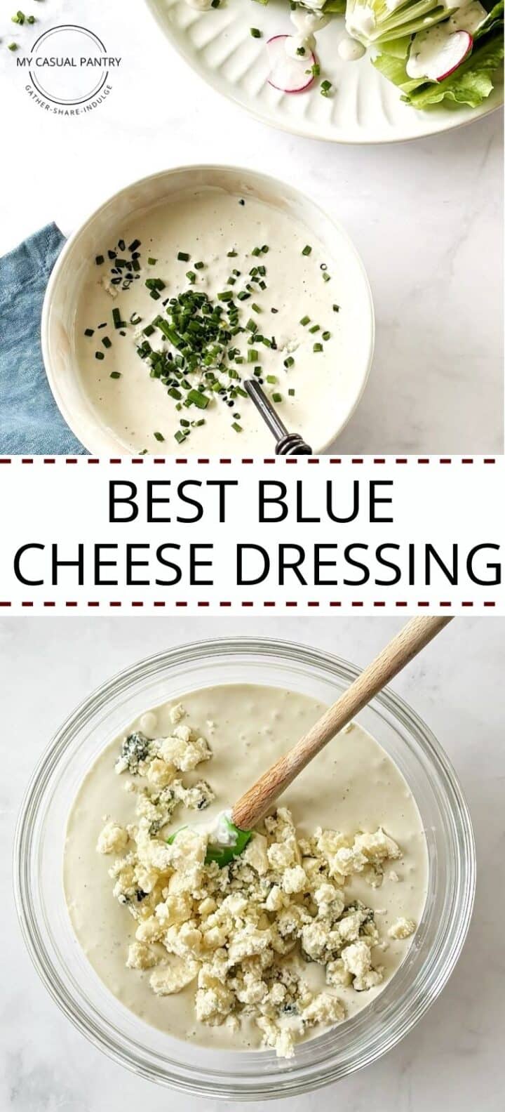A dish of blue cheese dressing next to a plate of salad and stirring blue cheese into the dressing.