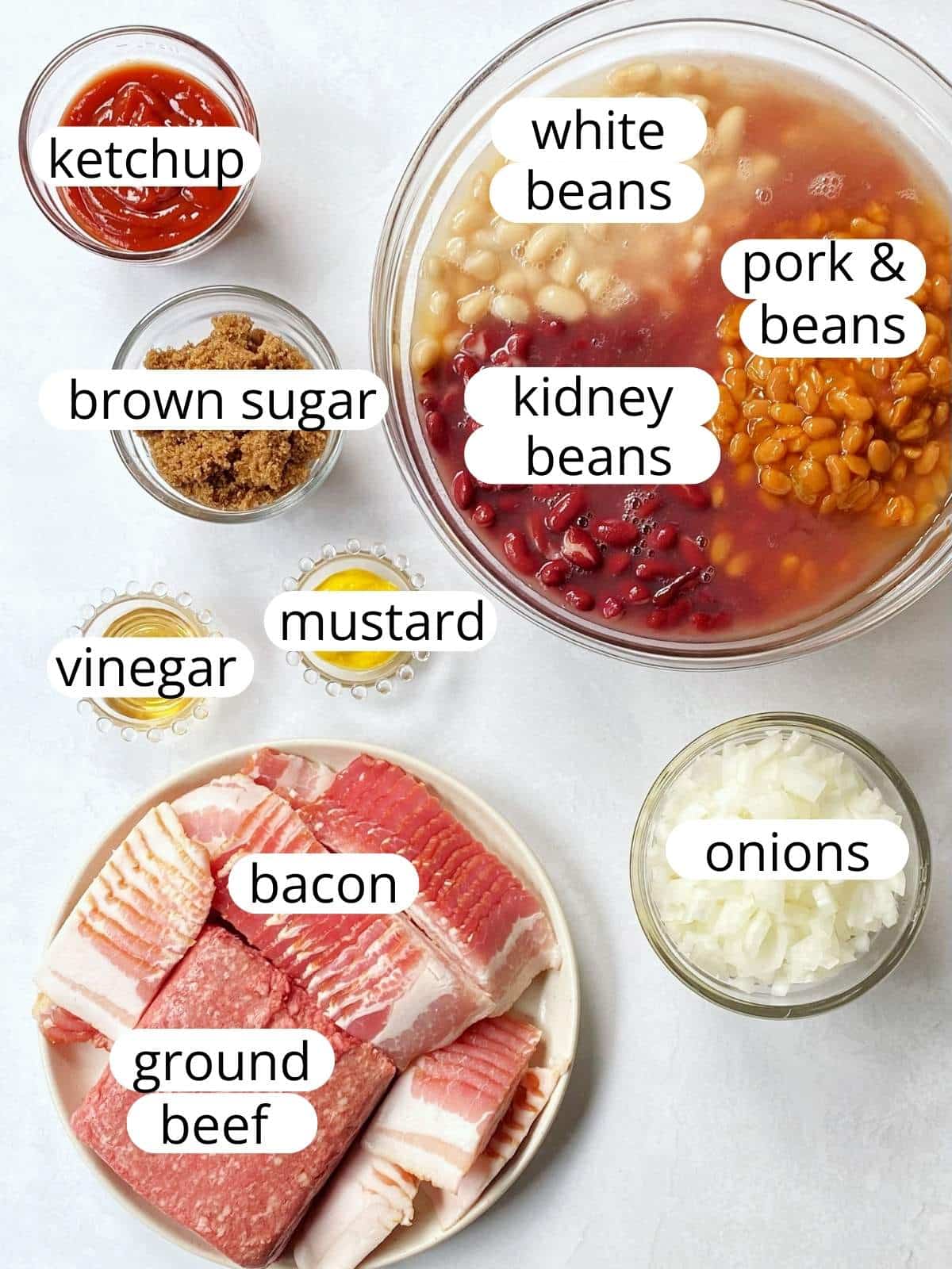 Ingredients for barbecue baked beans with ground beef and bacon.
