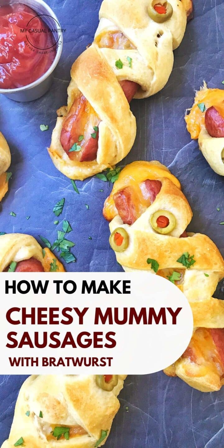 Pastry-wrapped cheese-stuffed bratwurst.