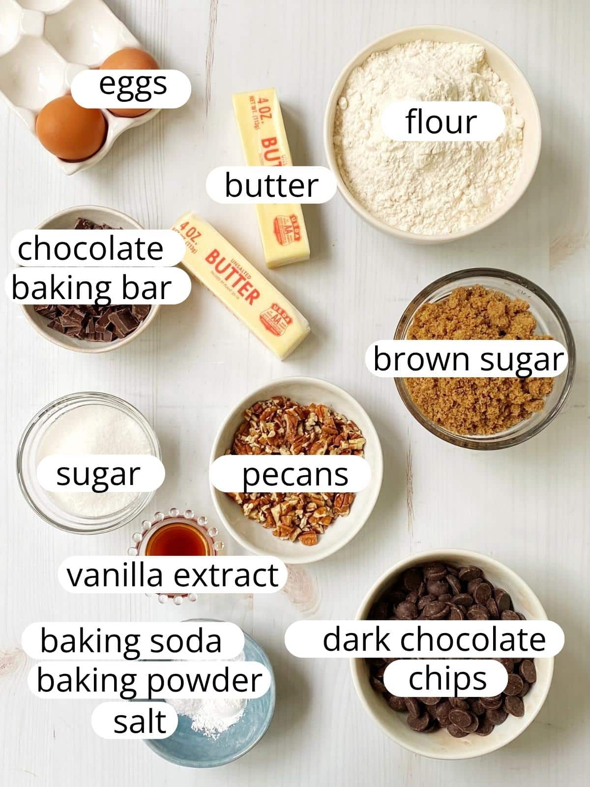 Ingredients for dark chocolate chip pecan cookies.