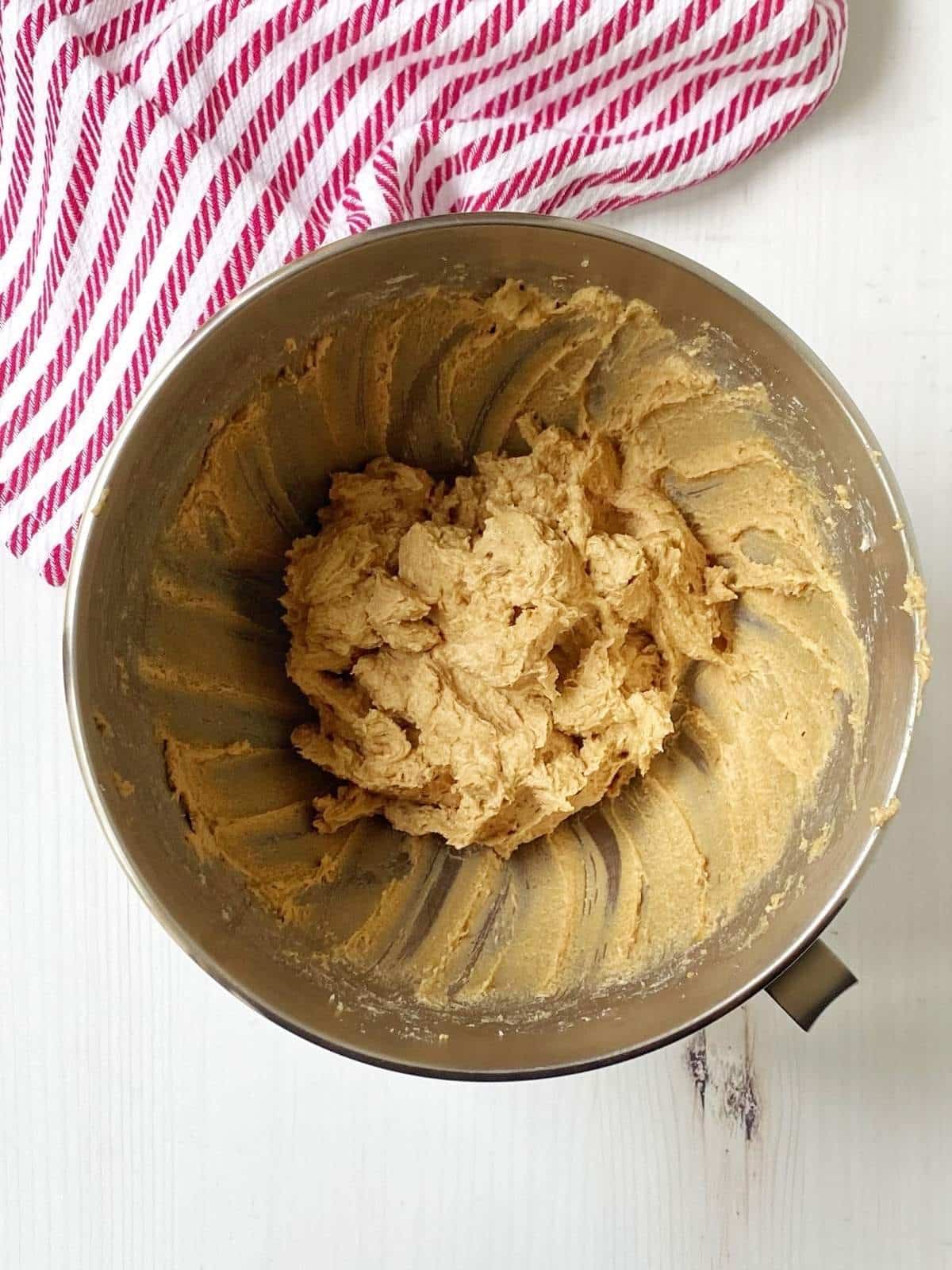 Butter and sugar mixture after eggs have been blended in.