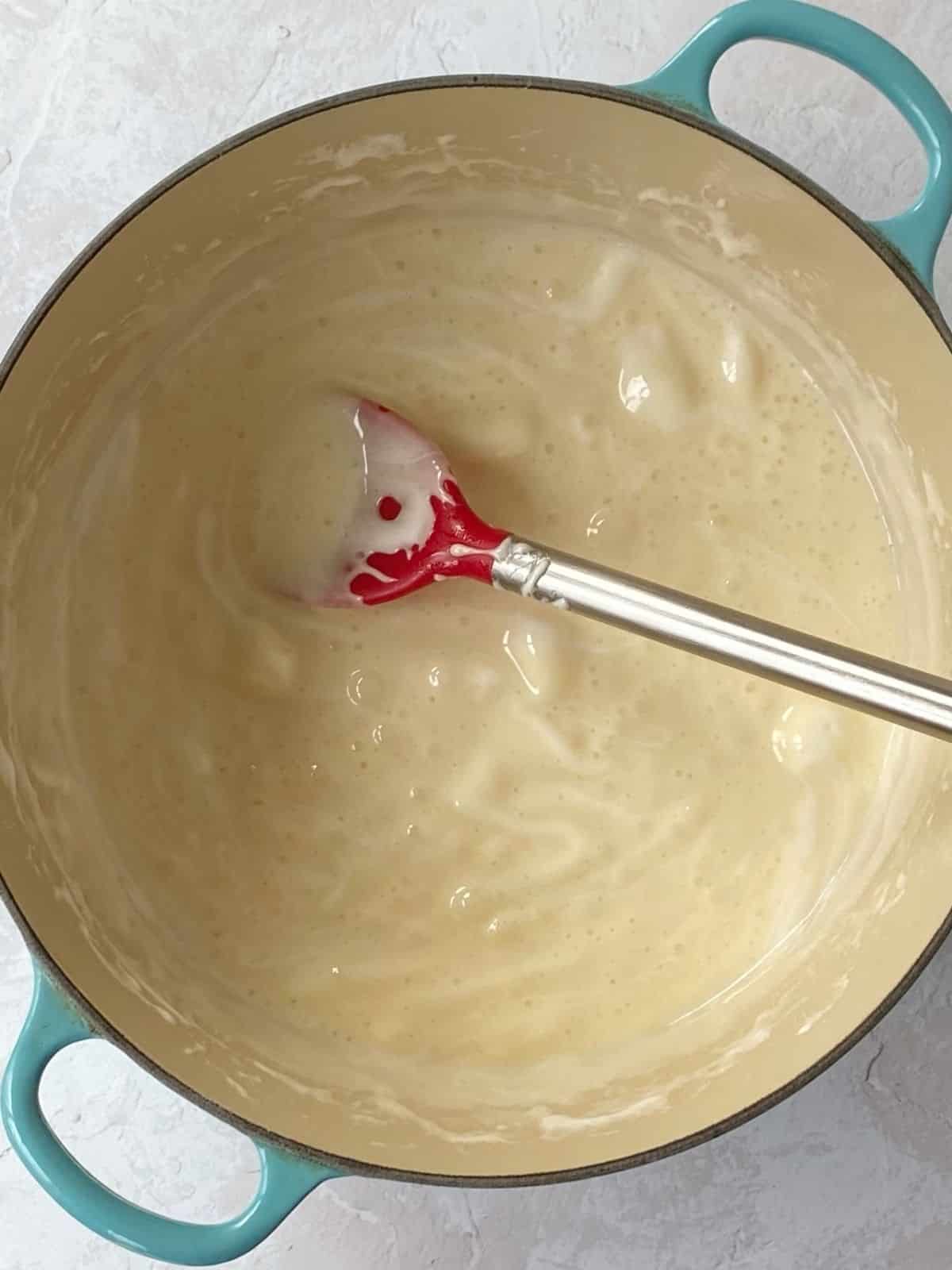 A heavy pot of melted marshmallows and butter.