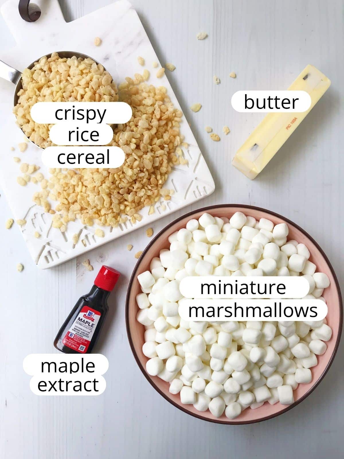 Ingredients for maple brown butter marshmallow cereal treats.